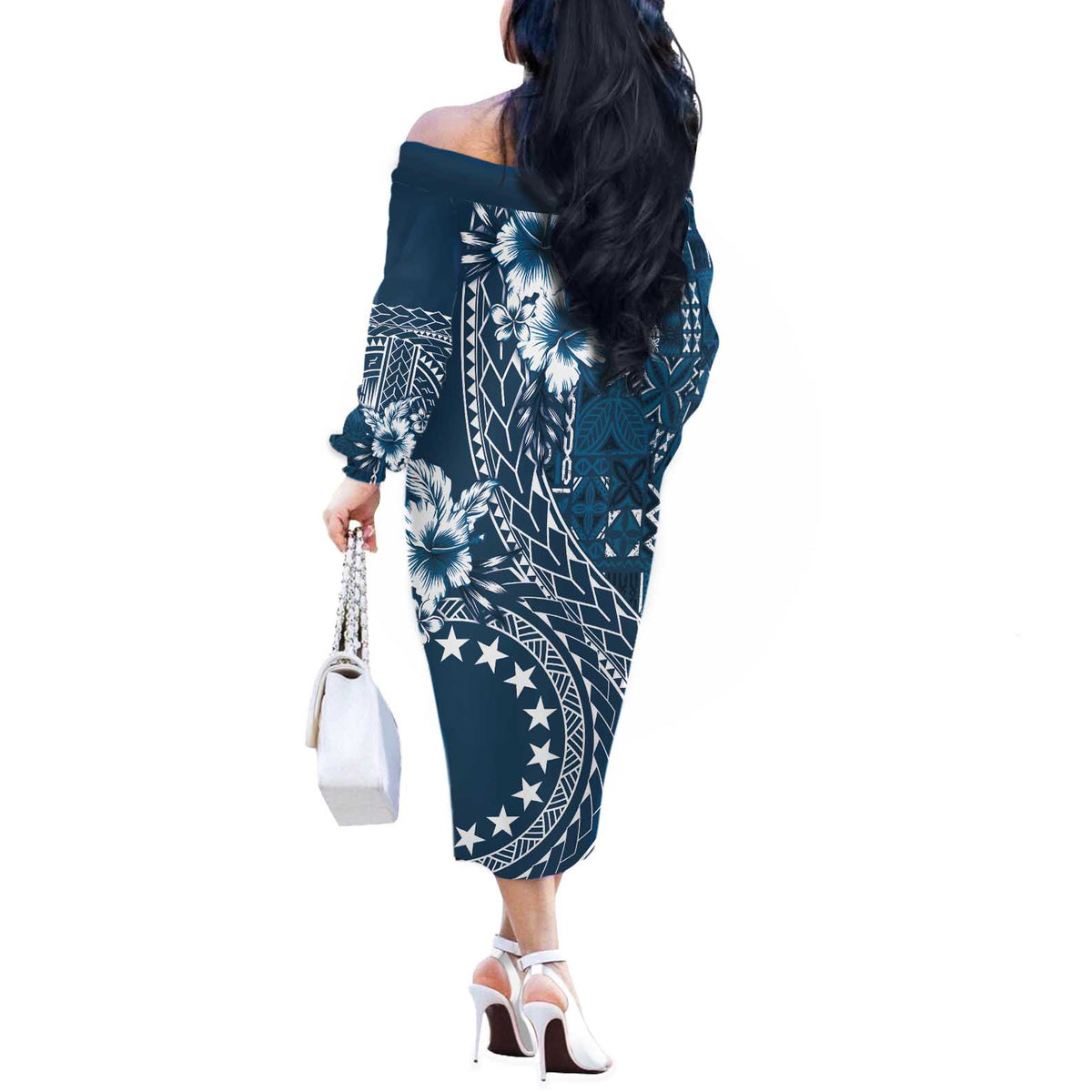 Kia Orana Cook Islands Off The Shoulder Long Sleeve Dress Tiare and Stars - Navy Blue LT7 - Polynesian Pride