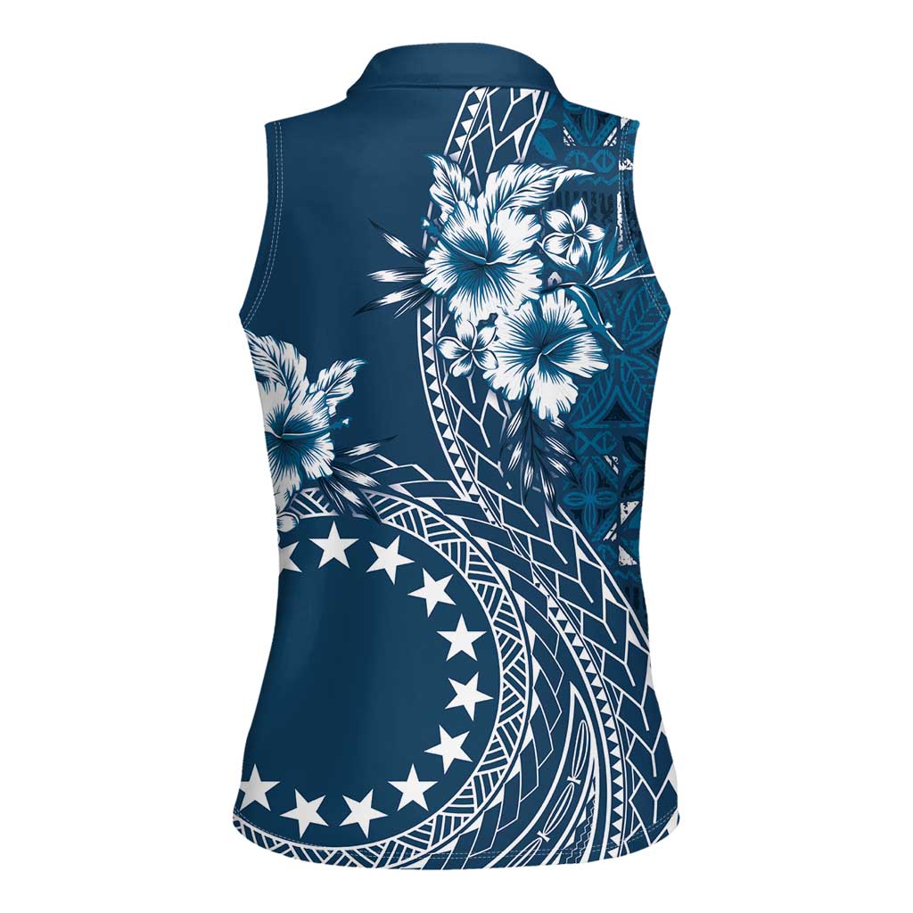 Kia Orana Cook Islands Women Sleeveless Polo Shirt Tiare and Stars - Navy Blue LT7 - Polynesian Pride