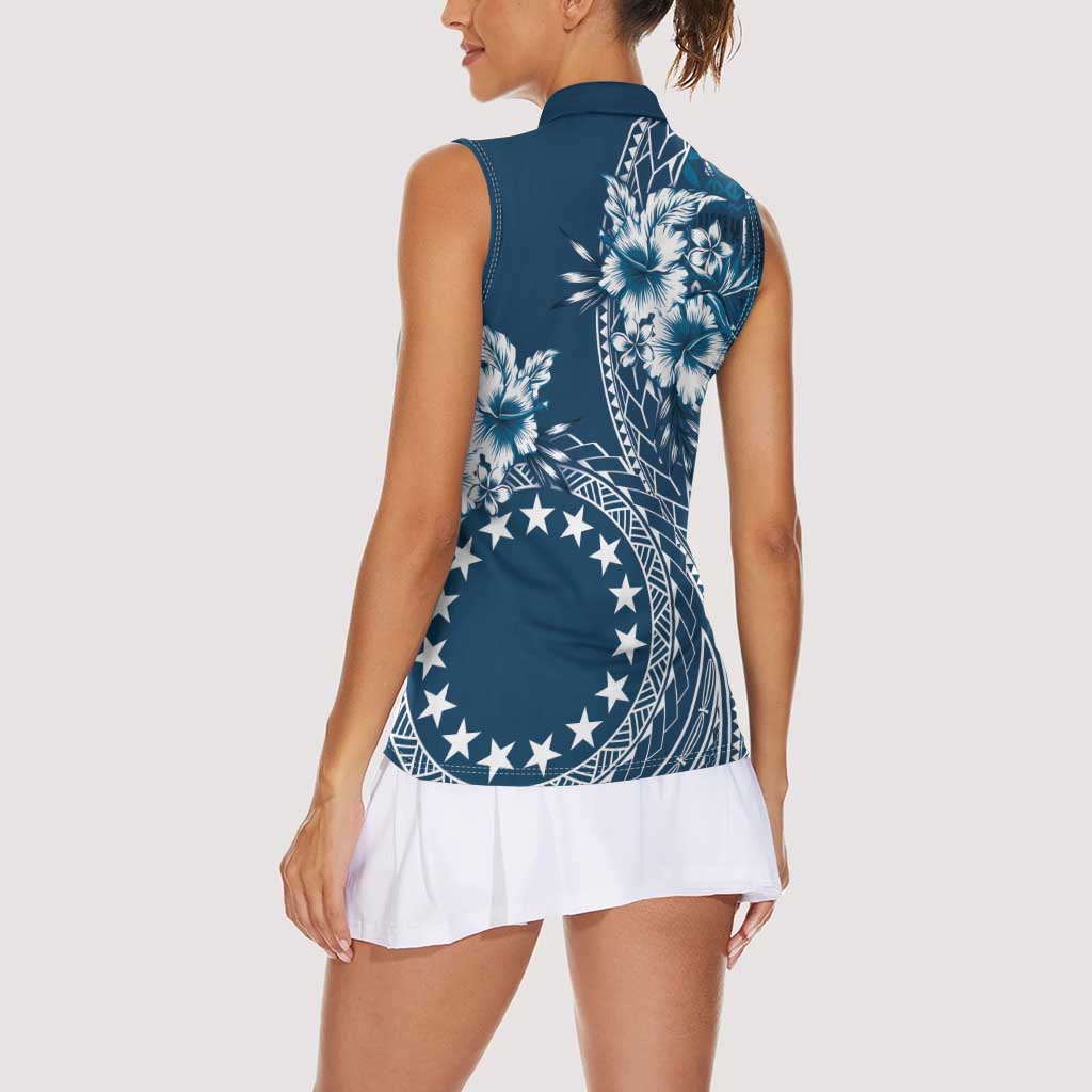 Kia Orana Cook Islands Women Sleeveless Polo Shirt Tiare and Stars - Navy Blue LT7 - Polynesian Pride
