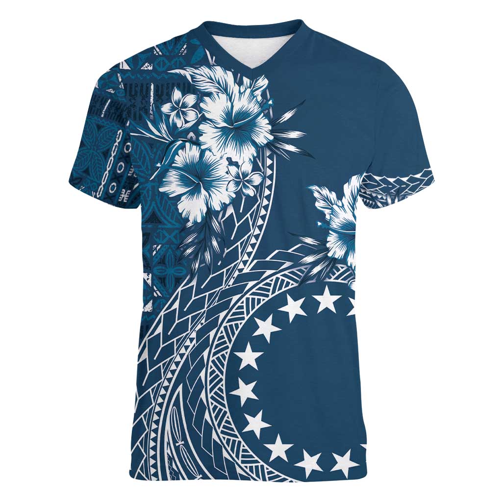Kia Orana Cook Islands Women V-Neck T-Shirt Tiare and Stars - Navy Blue LT7 Female Navy Blue - Polynesian Pride