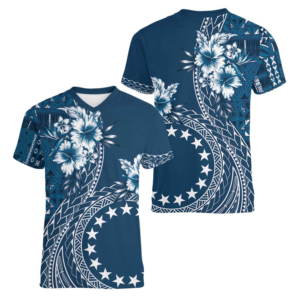Kia Orana Cook Islands Women V-Neck T-Shirt Tiare and Stars - Navy Blue LT7 - Polynesian Pride