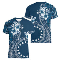 Kia Orana Cook Islands Women V-Neck T-Shirt Tiare and Stars - Navy Blue LT7 - Polynesian Pride