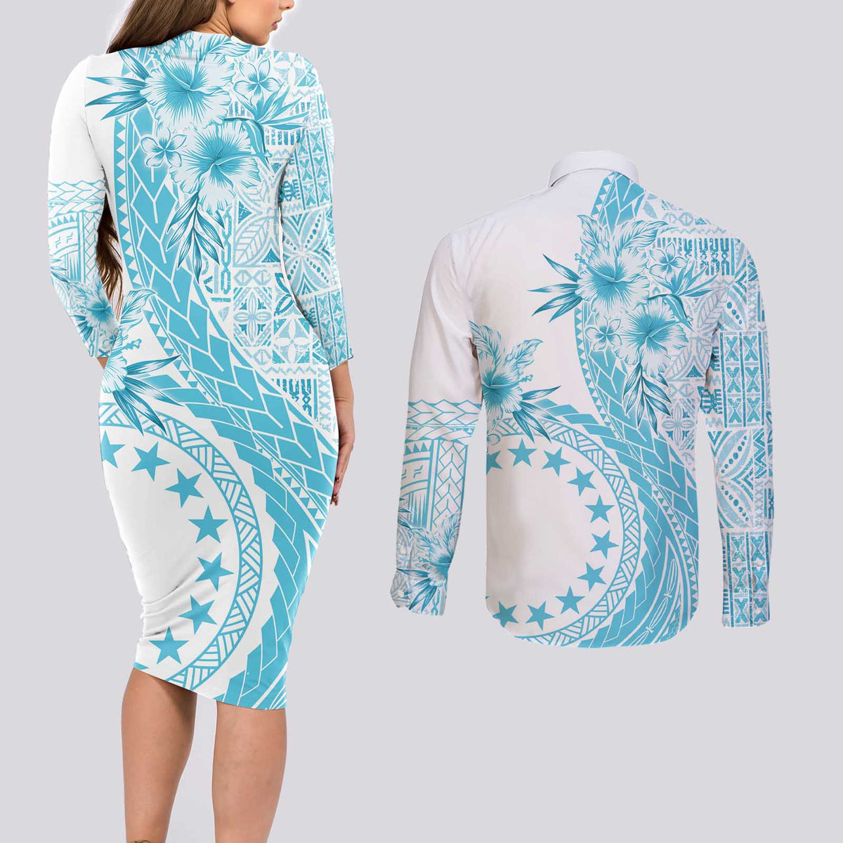 Kia Orana Cook Islands Couples Matching Long Sleeve Bodycon Dress and Long Sleeve Button Shirt Tiare and Stars - Turquoise LT7 - Polynesian Pride