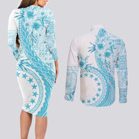 Kia Orana Cook Islands Couples Matching Long Sleeve Bodycon Dress and Long Sleeve Button Shirt Tiare and Stars - Turquoise LT7 - Polynesian Pride