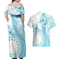Kia Orana Cook Islands Couples Matching Off Shoulder Maxi Dress and Hawaiian Shirt Tiare and Stars - Turquoise LT7 - Polynesian Pride