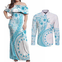 Kia Orana Cook Islands Couples Matching Off Shoulder Maxi Dress and Button Shirt - Tiare and Stars Turquoise LT7 Turquoise - Polynesian Pride