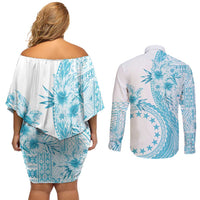 Kia Orana Cook Islands Couples Matching Off Shoulder Short Dress and Long Sleeve Button Shirt Tiare and Stars - Turquoise LT7 - Polynesian Pride
