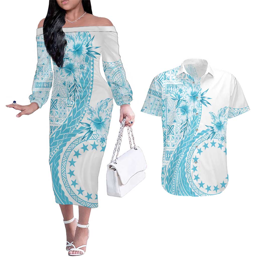 Kia Orana Cook Islands Couples Matching Off The Shoulder Long Sleeve Dress and Hawaiian Shirt Tiare and Stars - Turquoise LT7 Turquoise - Polynesian Pride