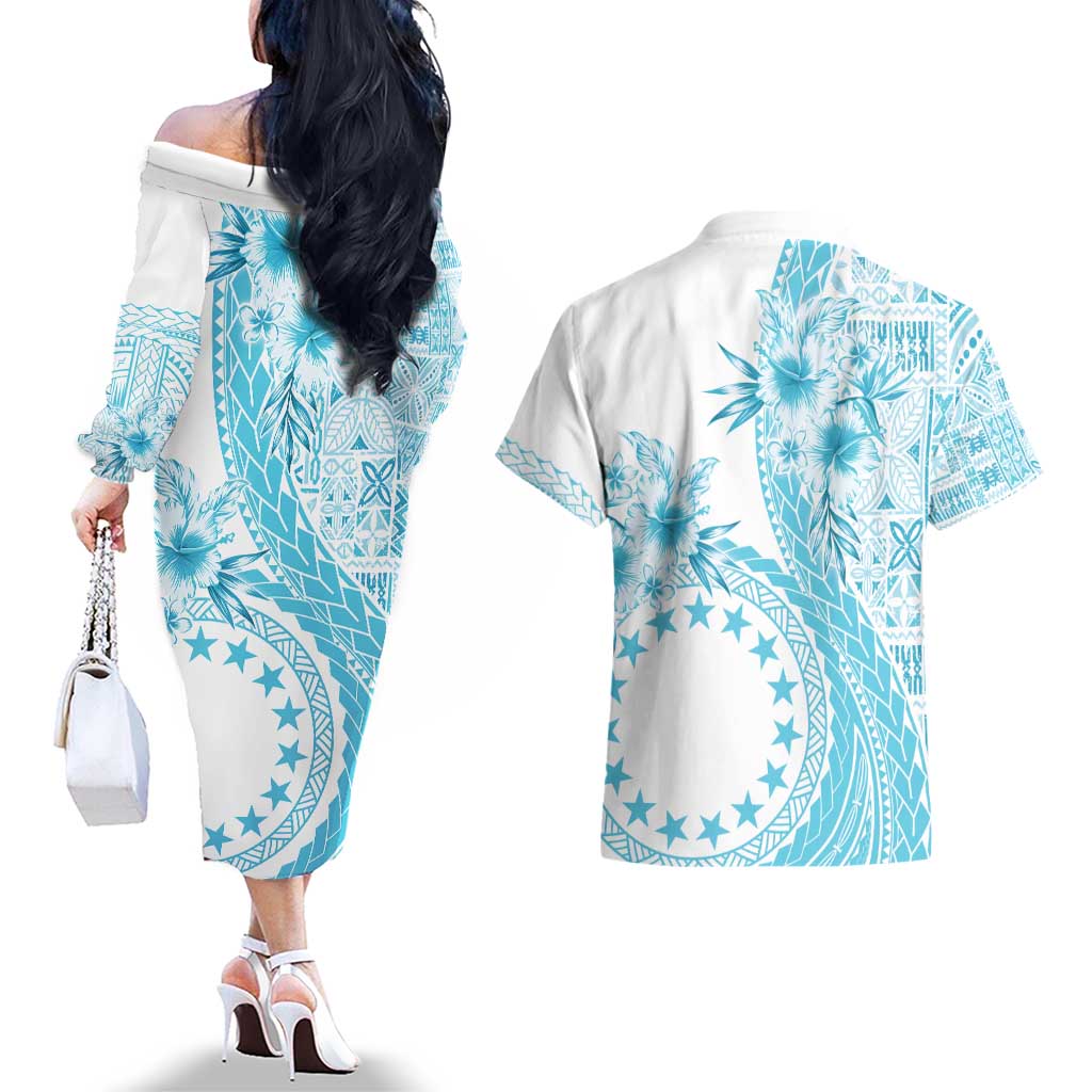Kia Orana Cook Islands Couples Matching Off The Shoulder Long Sleeve Dress and Hawaiian Shirt Tiare and Stars - Turquoise LT7 - Polynesian Pride