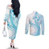 Kia Orana Cook Islands Couples Matching Off The Shoulder Long Sleeve Dress and Long Sleeve Button Shirt Tiare and Stars - Turquoise LT7 - Polynesian Pride