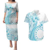 Kia Orana Cook Islands Couples Matching Puletasi and Hawaiian Shirt Tiare and Stars - Turquoise LT7 Turquoise - Polynesian Pride