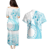 Kia Orana Cook Islands Couples Matching Puletasi and Hawaiian Shirt Tiare and Stars - Turquoise LT7 - Polynesian Pride