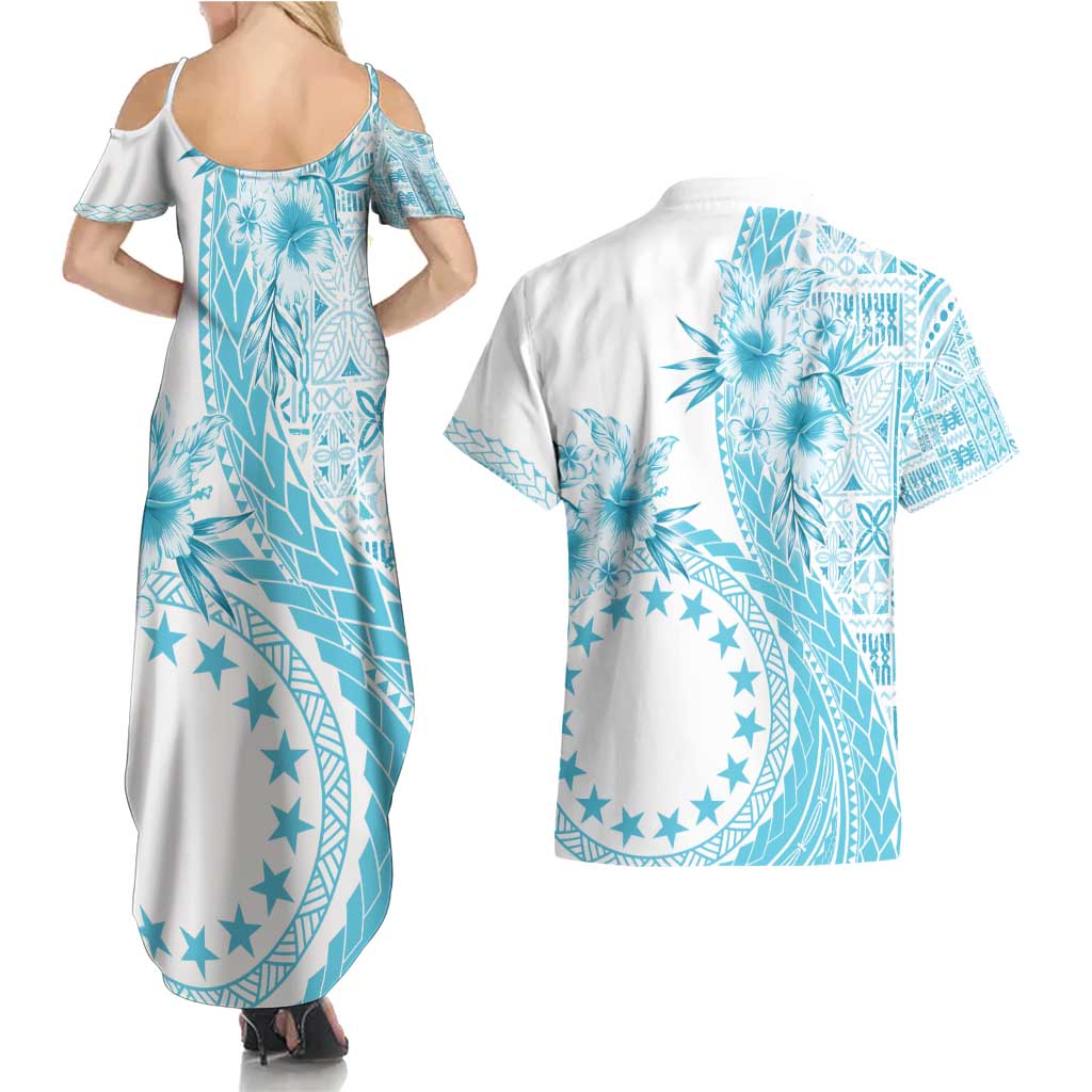 Kia Orana Cook Islands Couples Matching Summer Maxi Dress and Hawaiian Shirt Tiare and Stars - Turquoise LT7 - Polynesian Pride