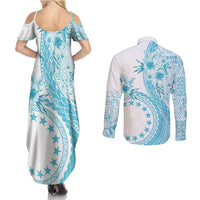 Kia Orana Cook Islands Couples Matching Summer Maxi Dress and Long Sleeve Button Shirt Tiare and Stars - Turquoise LT7 - Polynesian Pride
