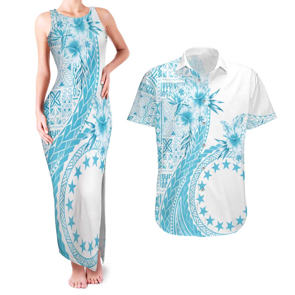 Kia Orana Cook Islands Couples Matching Tank Maxi Dress and Hawaiian Shirt Tiare and Stars - Turquoise LT7 Turquoise - Polynesian Pride