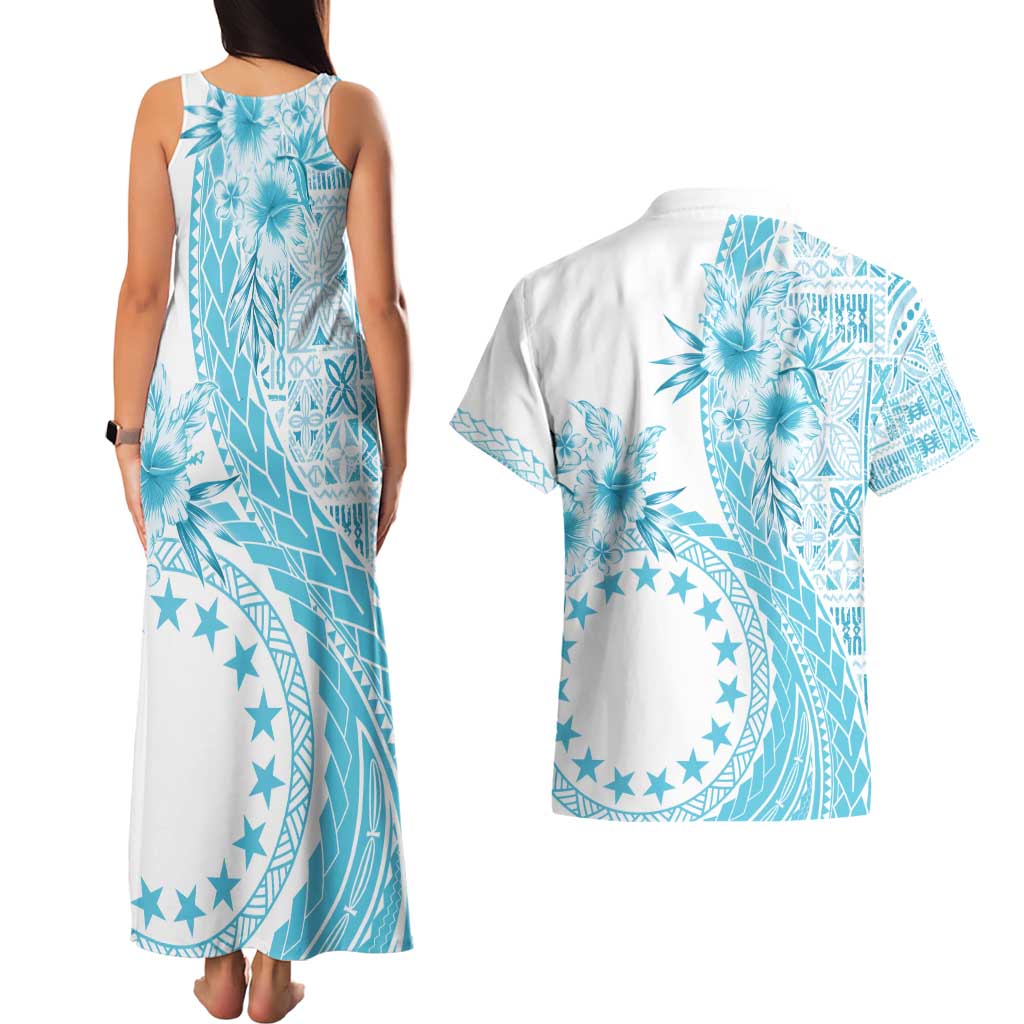 Kia Orana Cook Islands Couples Matching Tank Maxi Dress and Hawaiian Shirt Tiare and Stars - Turquoise LT7 - Polynesian Pride