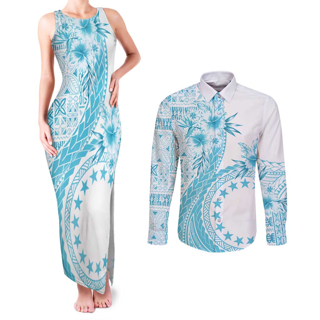 Kia Orana Cook Islands Couples Matching Tank Maxi Dress and Long Sleeve Button Shirt Tiare and Stars - Turquoise LT7 Turquoise - Polynesian Pride