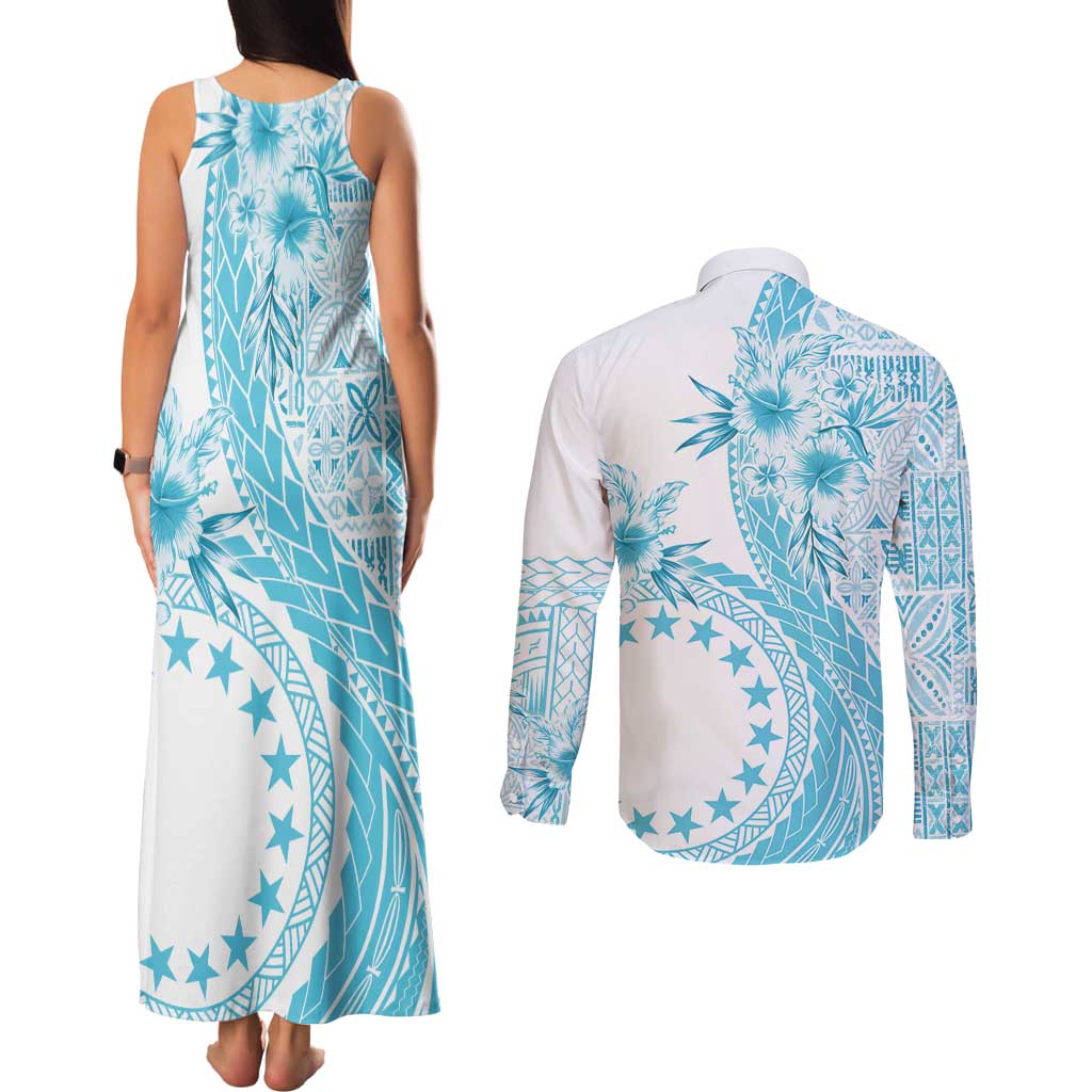 Kia Orana Cook Islands Couples Matching Tank Maxi Dress and Long Sleeve Button Shirt Tiare and Stars - Turquoise LT7 - Polynesian Pride