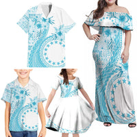 Kia Orana Cook Islands Family Matching Off Shoulder Maxi Dress and Hawaiian Shirt Tiare and Stars - Turquoise LT7 - Polynesian Pride
