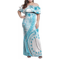 Kia Orana Cook Islands Family Matching Off Shoulder Maxi Dress and Hawaiian Shirt Tiare and Stars - Turquoise LT7 Mom's Dress Turquoise - Polynesian Pride