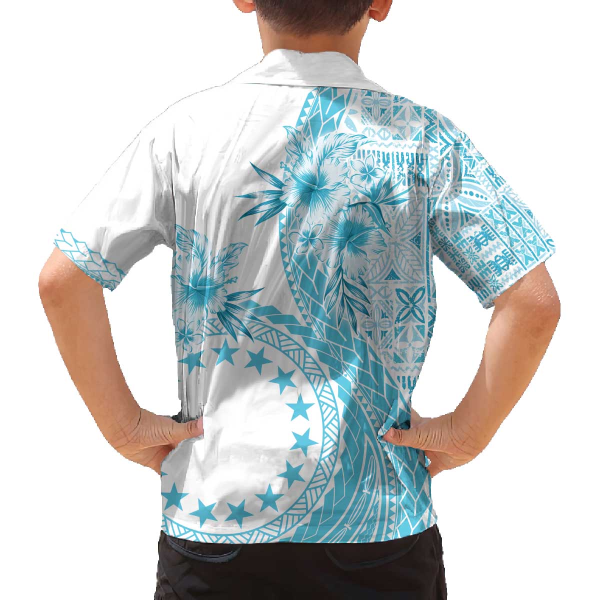 Kia Orana Cook Islands Family Matching Off Shoulder Short Dress and Hawaiian Shirt Tiare and Stars - Turquoise LT7 - Polynesian Pride