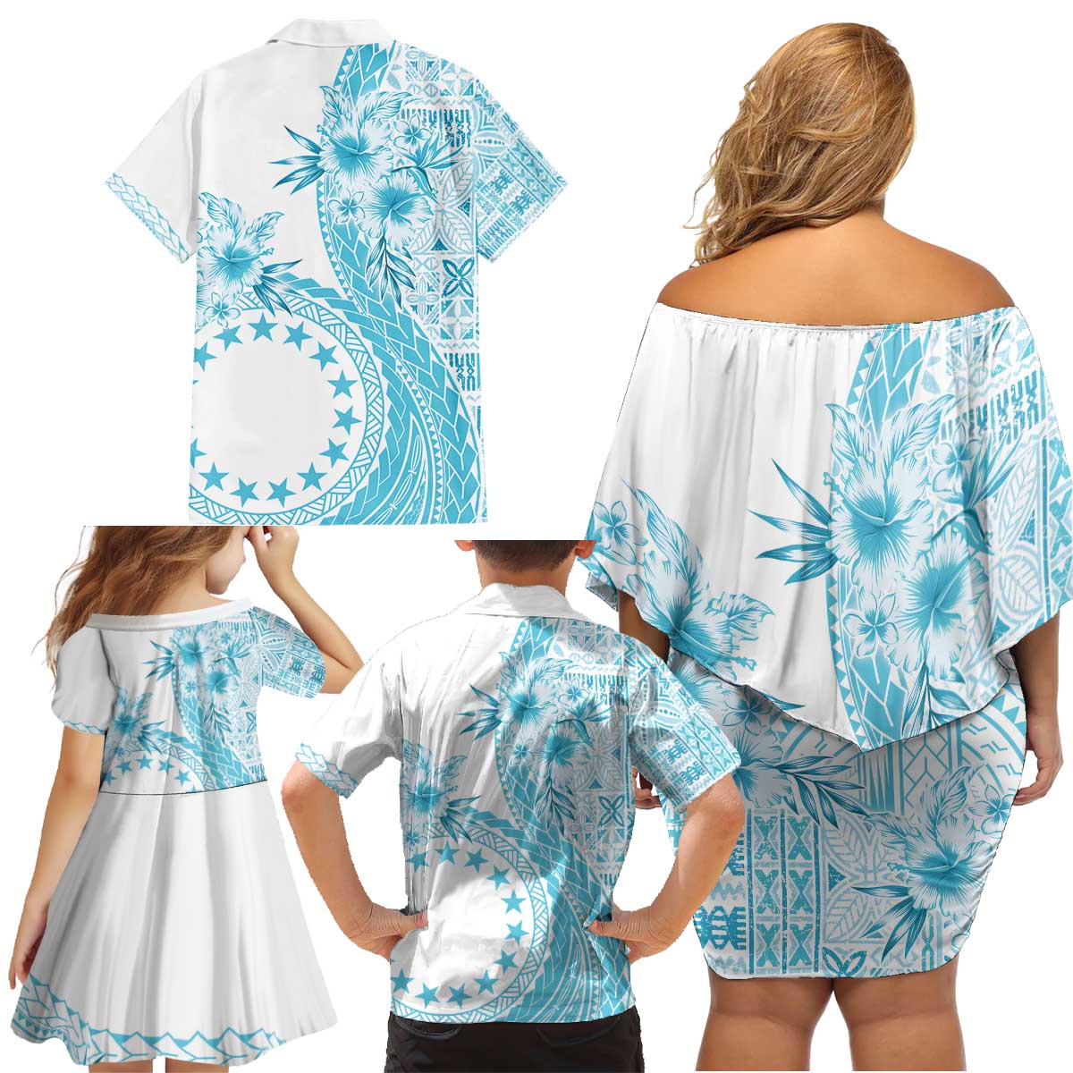Kia Orana Cook Islands Family Matching Off Shoulder Short Dress and Hawaiian Shirt Tiare and Stars - Turquoise LT7 - Polynesian Pride