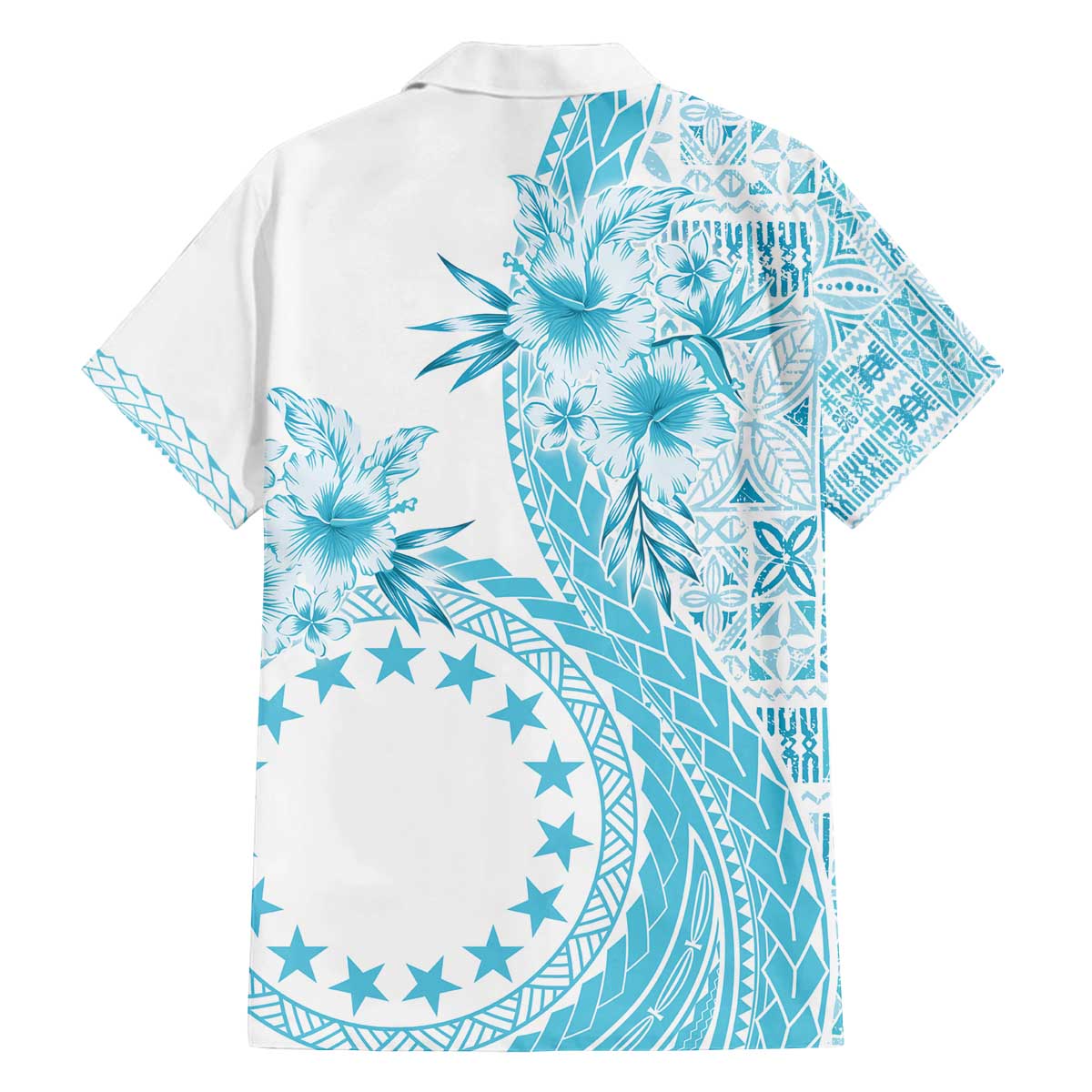 Kia Orana Cook Islands Family Matching Off Shoulder Short Dress and Hawaiian Shirt Tiare and Stars - Turquoise LT7 - Polynesian Pride