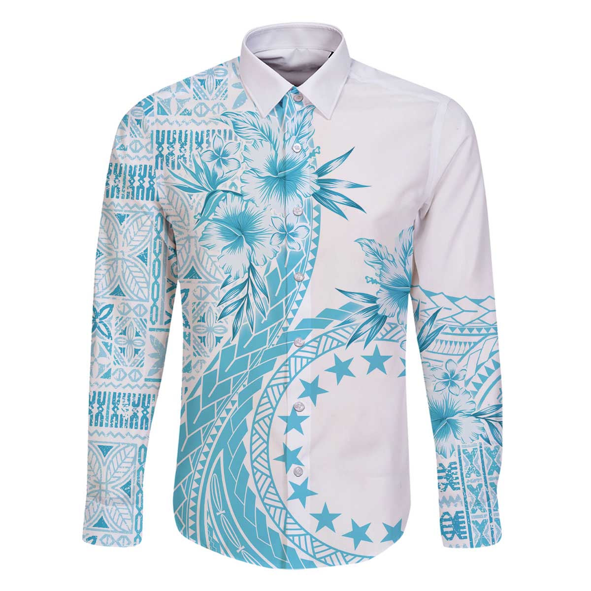 Kia Orana Cook Islands Family Matching Off Shoulder Short Dress and Hawaiian Shirt Tiare and Stars - Turquoise LT7 Dad's Shirt - Long Sleeve Turquoise - Polynesian Pride