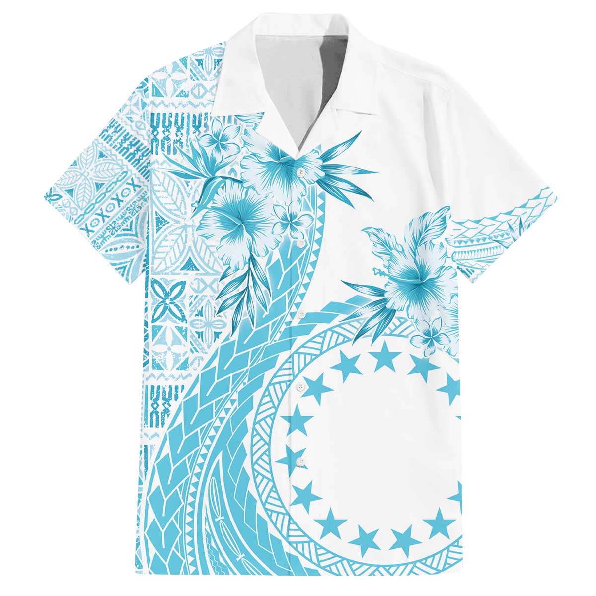 Kia Orana Cook Islands Family Matching Puletasi and Hawaiian Shirt Tiare and Stars - Turquoise LT7 Dad's Shirt - Short Sleeve Turquoise - Polynesian Pride