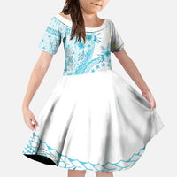 Kia Orana Cook Islands Family Matching Short Sleeve Bodycon Dress and Hawaiian Shirt Tiare and Stars - Turquoise LT7 Daughter's Dress Turquoise - Polynesian Pride