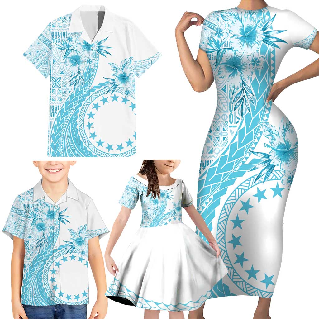 Kia Orana Cook Islands Family Matching Short Sleeve Bodycon Dress and Hawaiian Shirt Tiare and Stars - Turquoise LT7 - Polynesian Pride