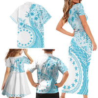 Kia Orana Cook Islands Family Matching Short Sleeve Bodycon Dress and Hawaiian Shirt Tiare and Stars - Turquoise LT7 - Polynesian Pride