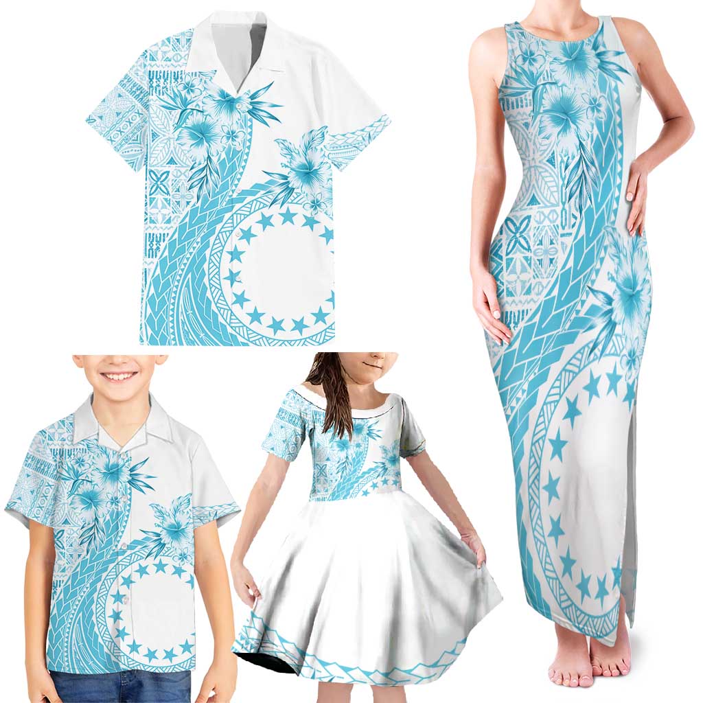 Kia Orana Cook Islands Family Matching Tank Maxi Dress and Hawaiian Shirt Tiare and Stars - Turquoise LT7 - Polynesian Pride