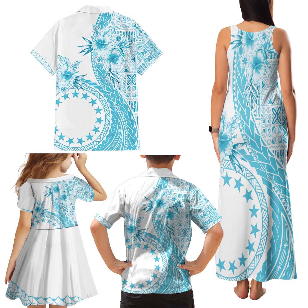Kia Orana Cook Islands Family Matching Tank Maxi Dress and Hawaiian Shirt Tiare and Stars - Turquoise LT7 - Polynesian Pride