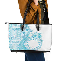 Kia Orana Cook Islands Leather Tote Bag Tiare and Stars - Turquoise LT7 - Polynesian Pride