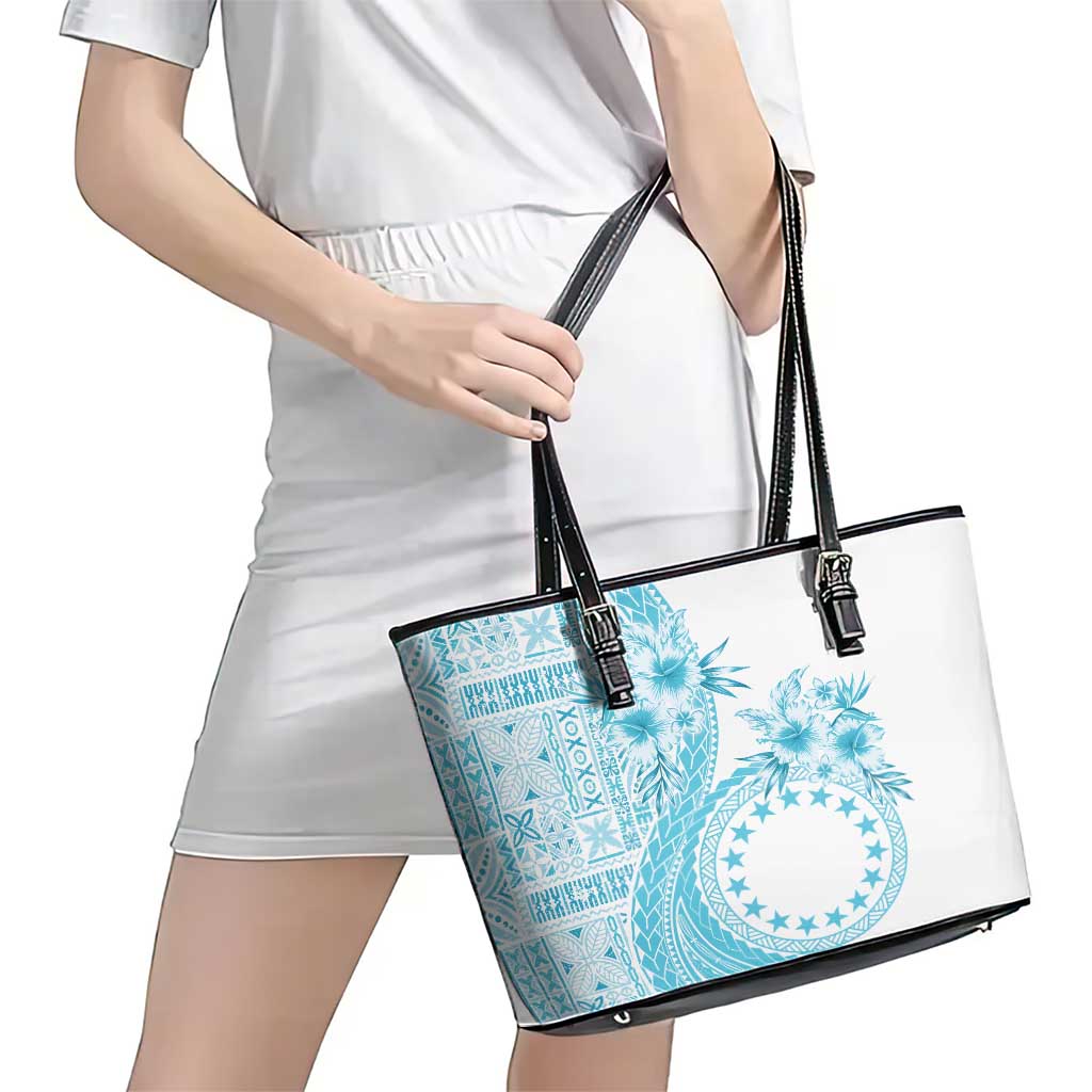 Kia Orana Cook Islands Leather Tote Bag Tiare and Stars - Turquoise LT7 - Polynesian Pride