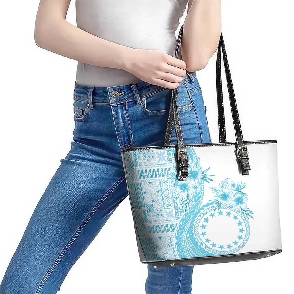 Kia Orana Cook Islands Leather Tote Bag Tiare and Stars - Turquoise LT7 - Polynesian Pride