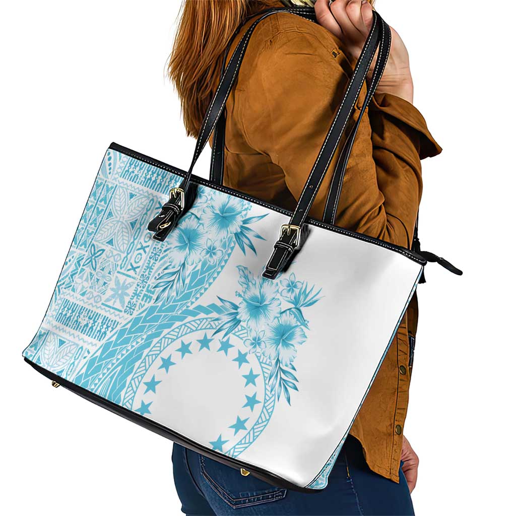 Kia Orana Cook Islands Leather Tote Bag Tiare and Stars - Turquoise LT7 - Polynesian Pride