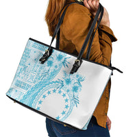 Kia Orana Cook Islands Leather Tote Bag Tiare and Stars - Turquoise LT7 - Polynesian Pride