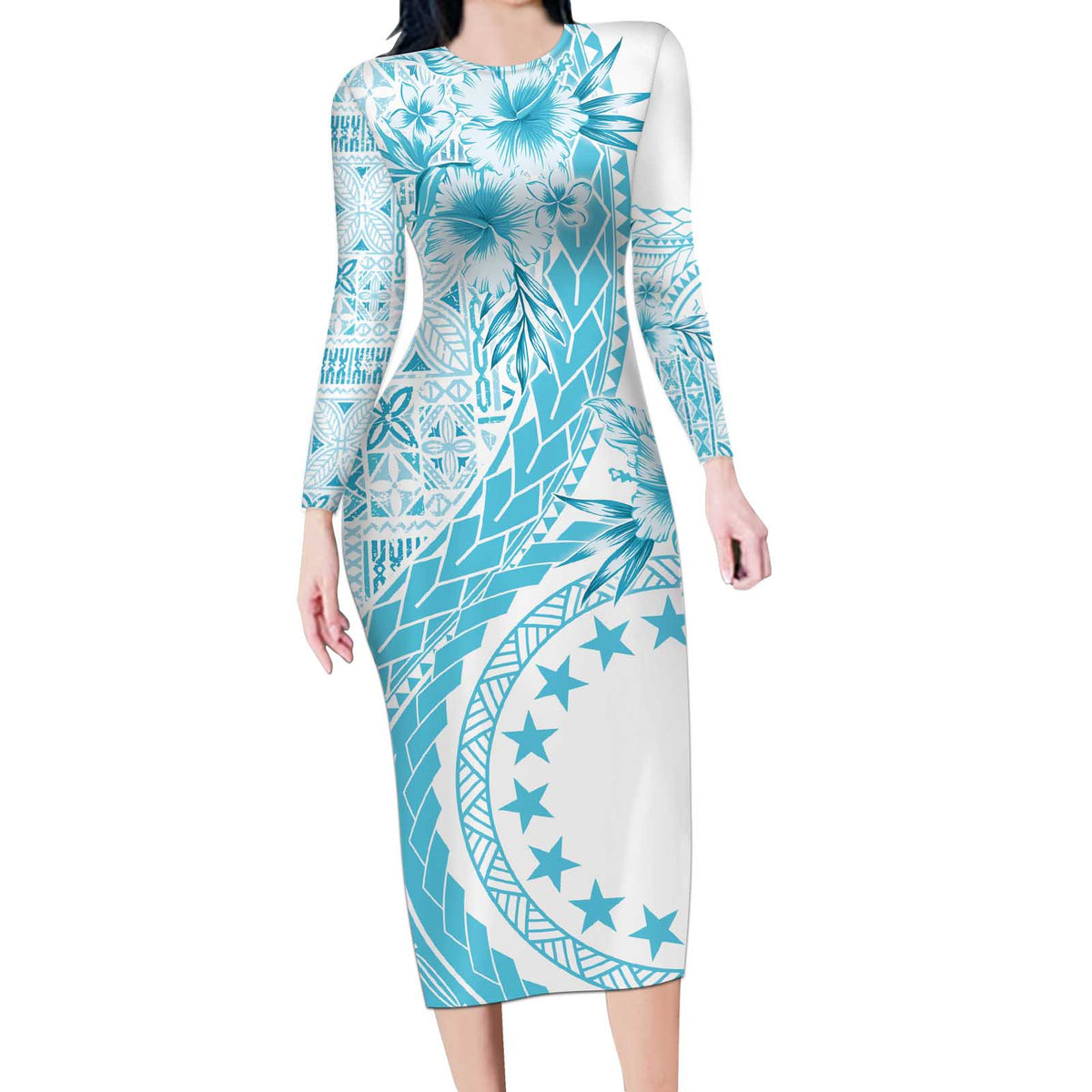 Kia Orana Cook Islands Long Sleeve Bodycon Dress Tiare and Stars - Turquoise LT7 Long Dress Turquoise - Polynesian Pride