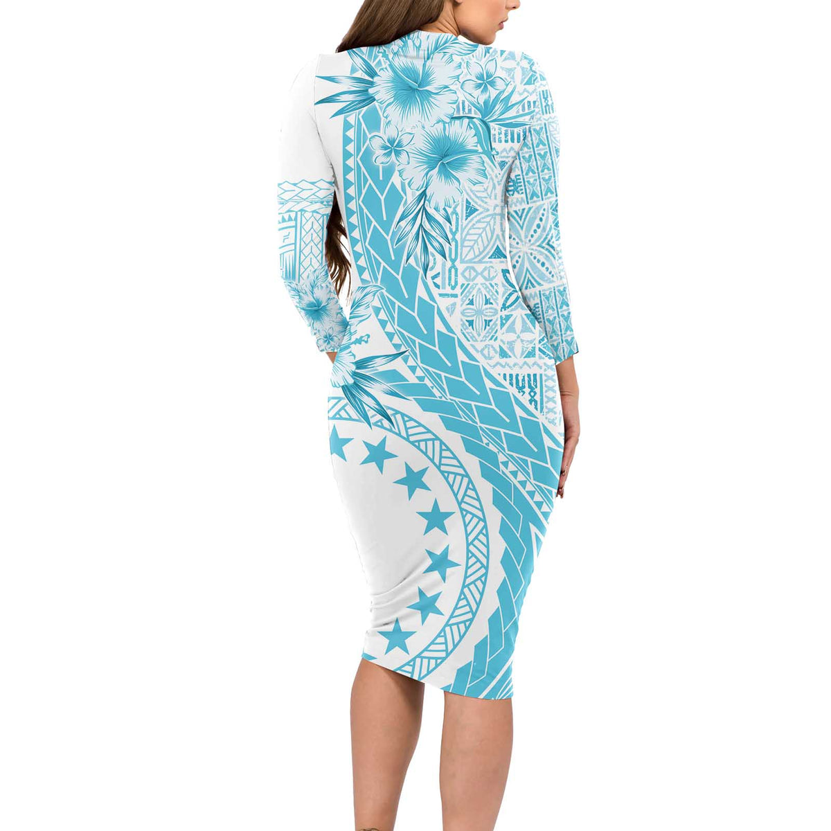 Kia Orana Cook Islands Long Sleeve Bodycon Dress Tiare and Stars - Turquoise LT7 - Polynesian Pride
