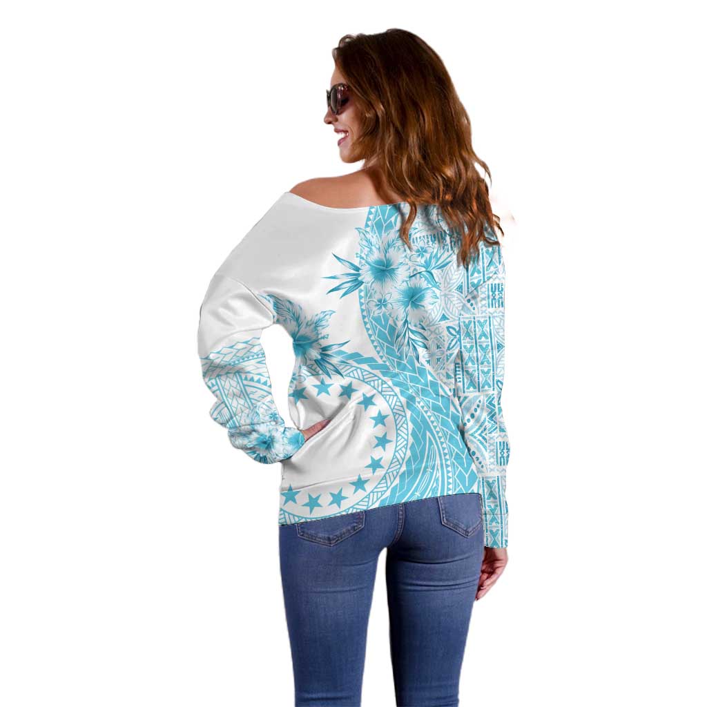 Kia Orana Cook Islands Off Shoulder Sweater Tiare and Stars - Turquoise