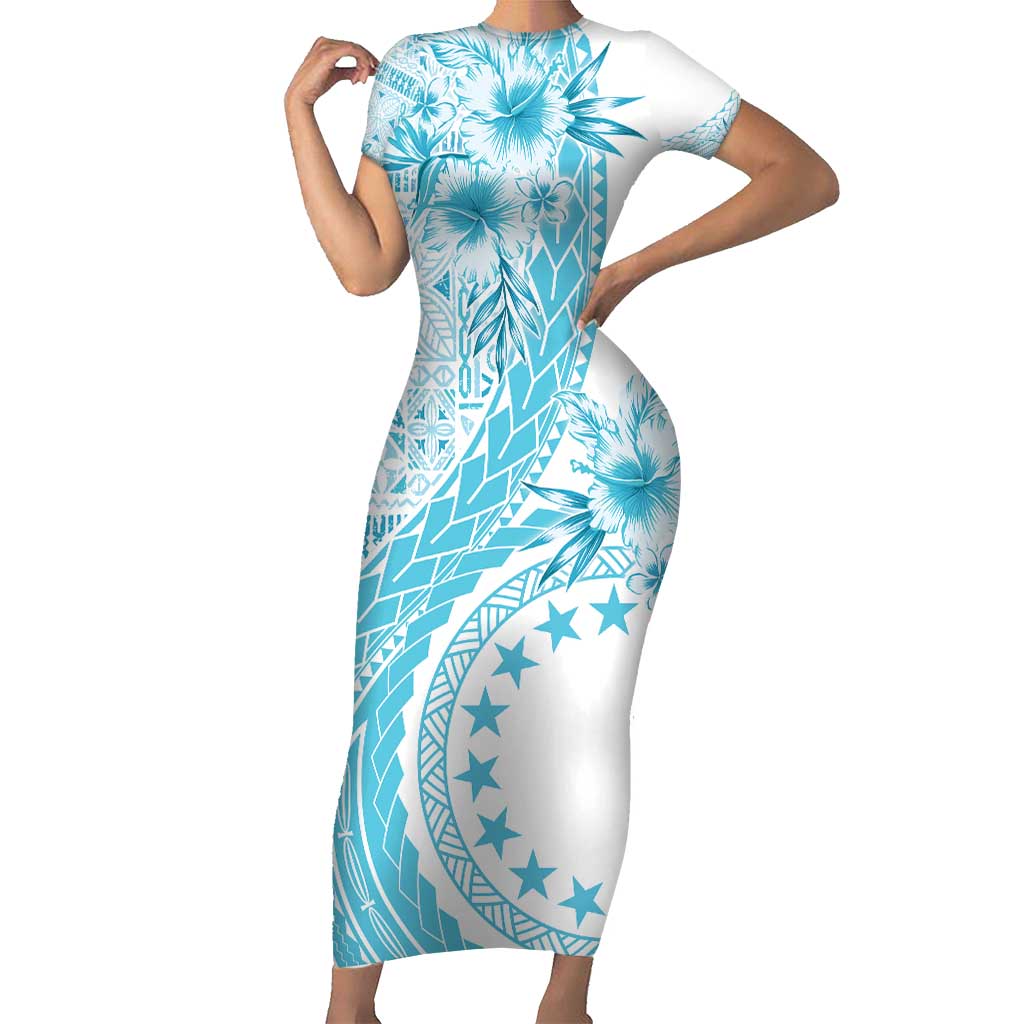 Kia Orana Cook Islands Short Sleeve Bodycon Dress Tiare and Stars - Turquoise LT7 Long Dress Turquoise - Polynesian Pride