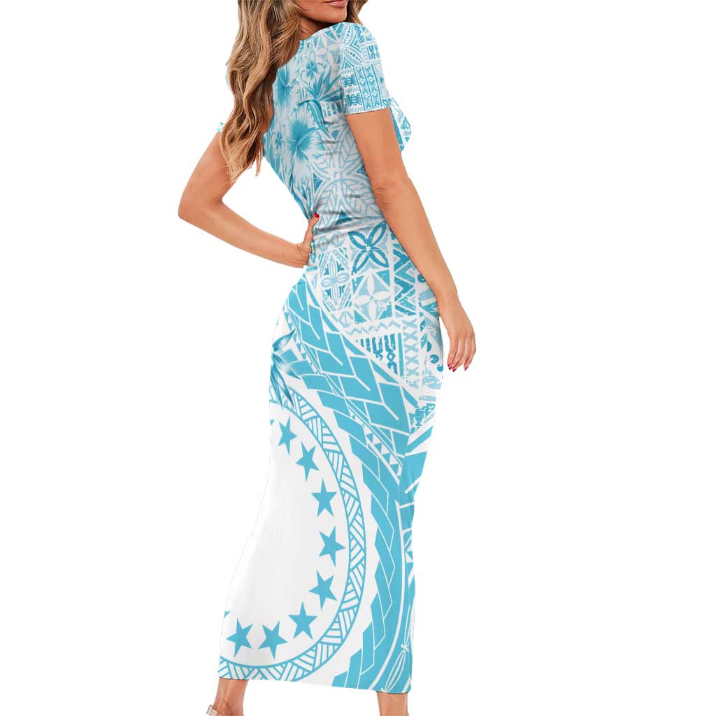 Kia Orana Cook Islands Short Sleeve Bodycon Dress Tiare and Stars - Turquoise LT7 - Polynesian Pride