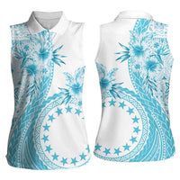 Kia Orana Cook Islands Women Sleeveless Polo Shirt Tiare and Stars - Turquoise LT7 - Polynesian Pride