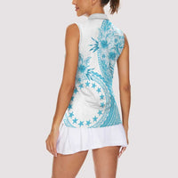 Kia Orana Cook Islands Women Sleeveless Polo Shirt Tiare and Stars - Turquoise LT7 - Polynesian Pride