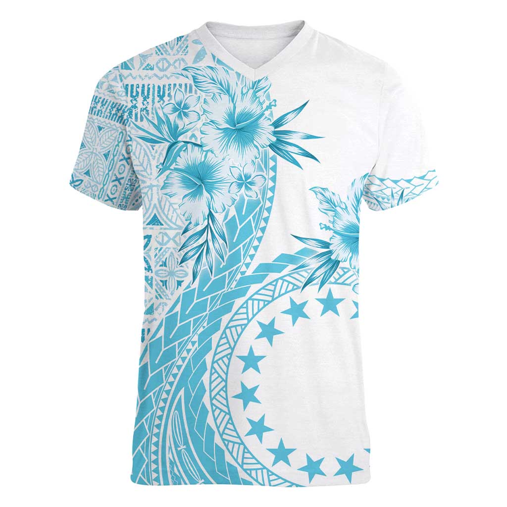 Kia Orana Cook Islands Women V-Neck T-Shirt Tiare and Stars - Turquoise