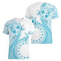 Kia Orana Cook Islands Women V-Neck T-Shirt Tiare and Stars - Turquoise LT7 - Polynesian Pride