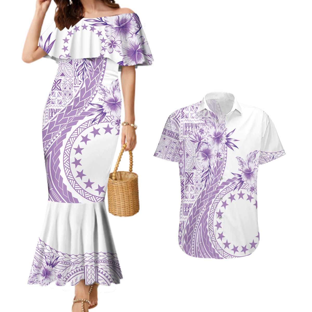 Kia Orana Cook Islands Couples Matching Mermaid Dress and Hawaiian Shirt Tiare and Stars - Lavender LT7 Lavender - Polynesian Pride