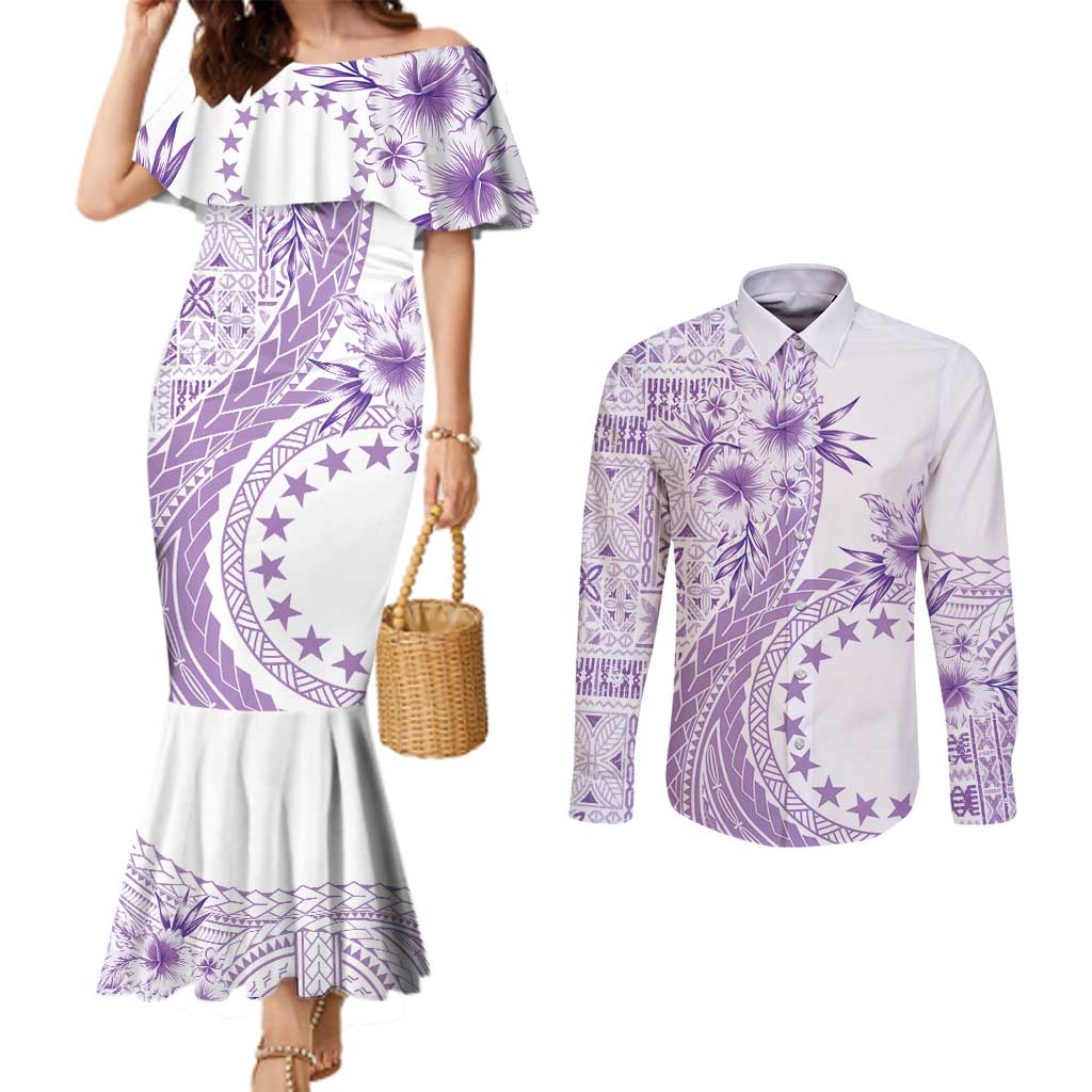Kia Orana Cook Islands Couples Matching Mermaid Dress and Long Sleeve Button Shirt Tiare and Stars - Lavender LT7 Lavender - Polynesian Pride
